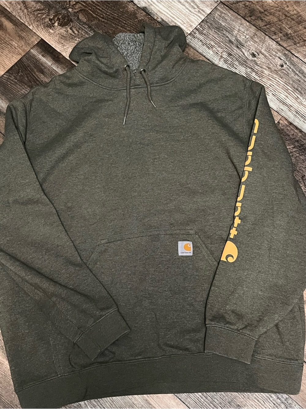 Carhartt Olive Hooded Pullover with Yellow Sleeve Logo